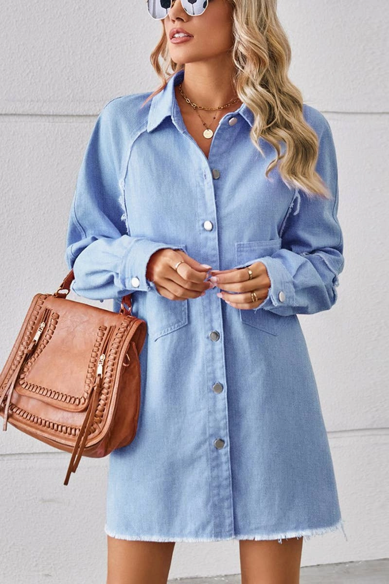 2024 RAW EDGE CARDIGAN DENIM PATCHWORK SHIRT DRESS_CWDSD2577 soft elegance