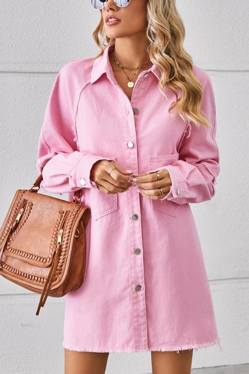 2024 RAW EDGE CARDIGAN DENIM PATCHWORK SHIRT DRESS_CWDSD2577 Stylish and Comfortable