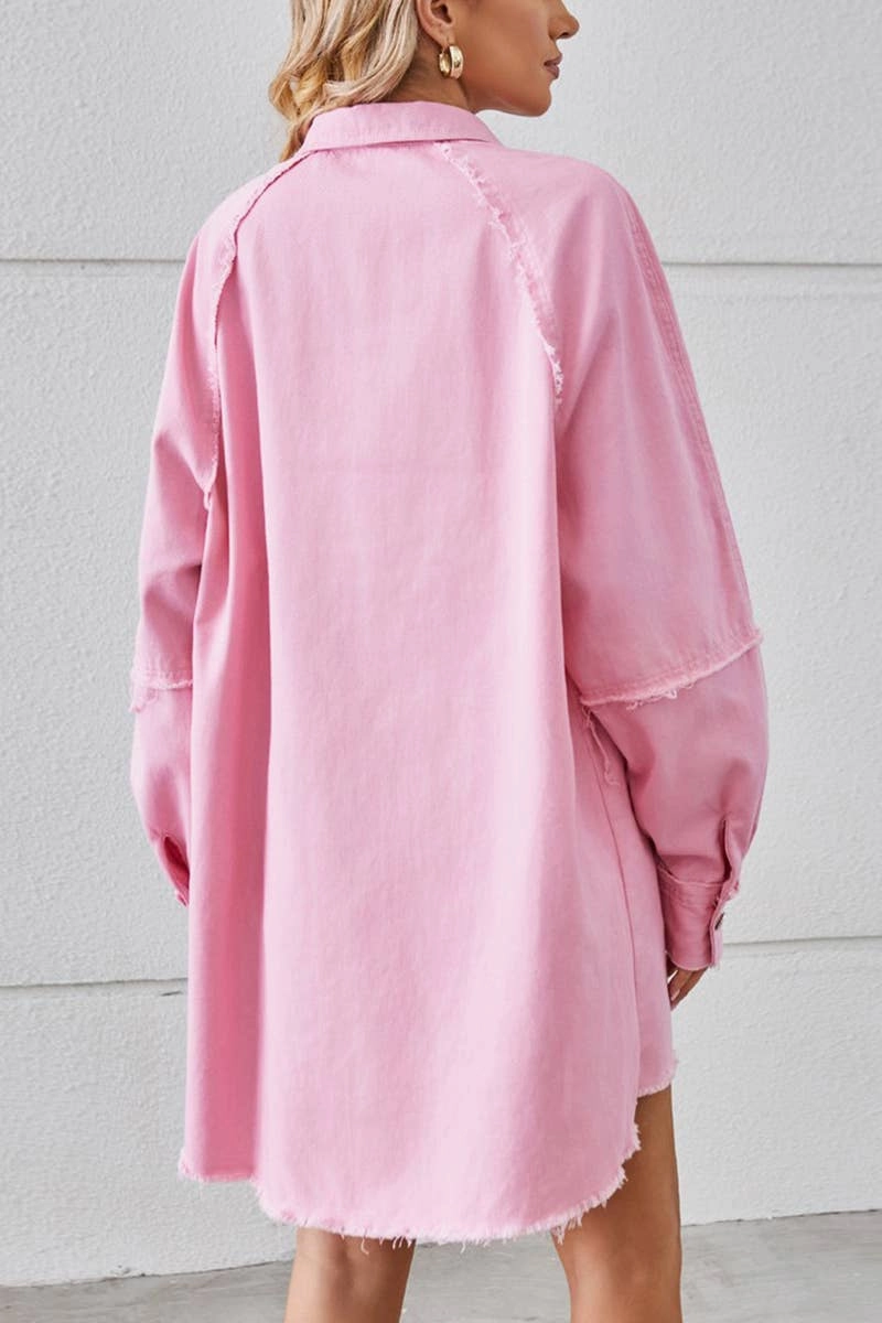 2024 RAW EDGE CARDIGAN DENIM PATCHWORK SHIRT DRESS_CWDSD2577 Effortless Layer