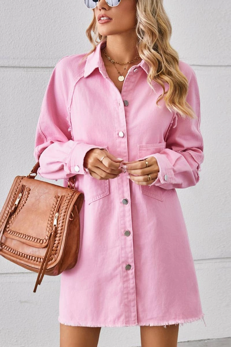 Lace Ease 2024 RAW EDGE CARDIGAN DENIM PATCHWORK SHIRT DRESS_CWDSD2577