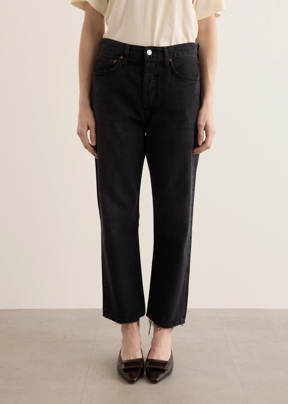 90's Crop Mid Rise Loose Straight Jeans Neutral Casual Brushed Interior