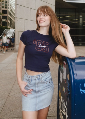 Neutral Tone Stitching ButterSoft Handfeel '85 Chicago Baby Tee - Navy
