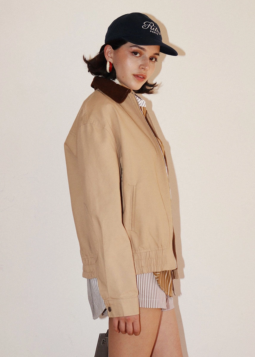 Imogen Contrast Collar Zip Jacket - Taupe Zipper Closure Mechanism Multi Pocket Utility