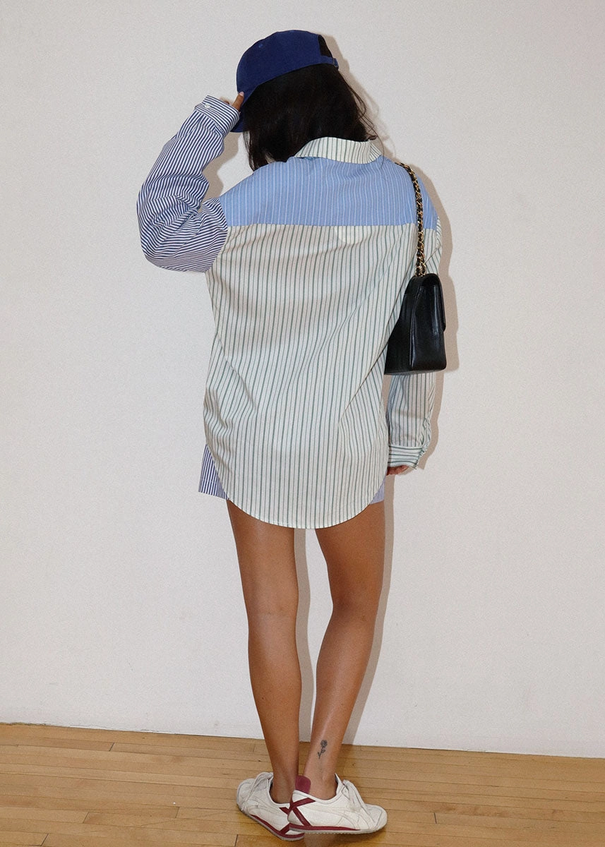 Layered Neckline Indigo Mixed Stripe Oversized Shirt - Blue Combo