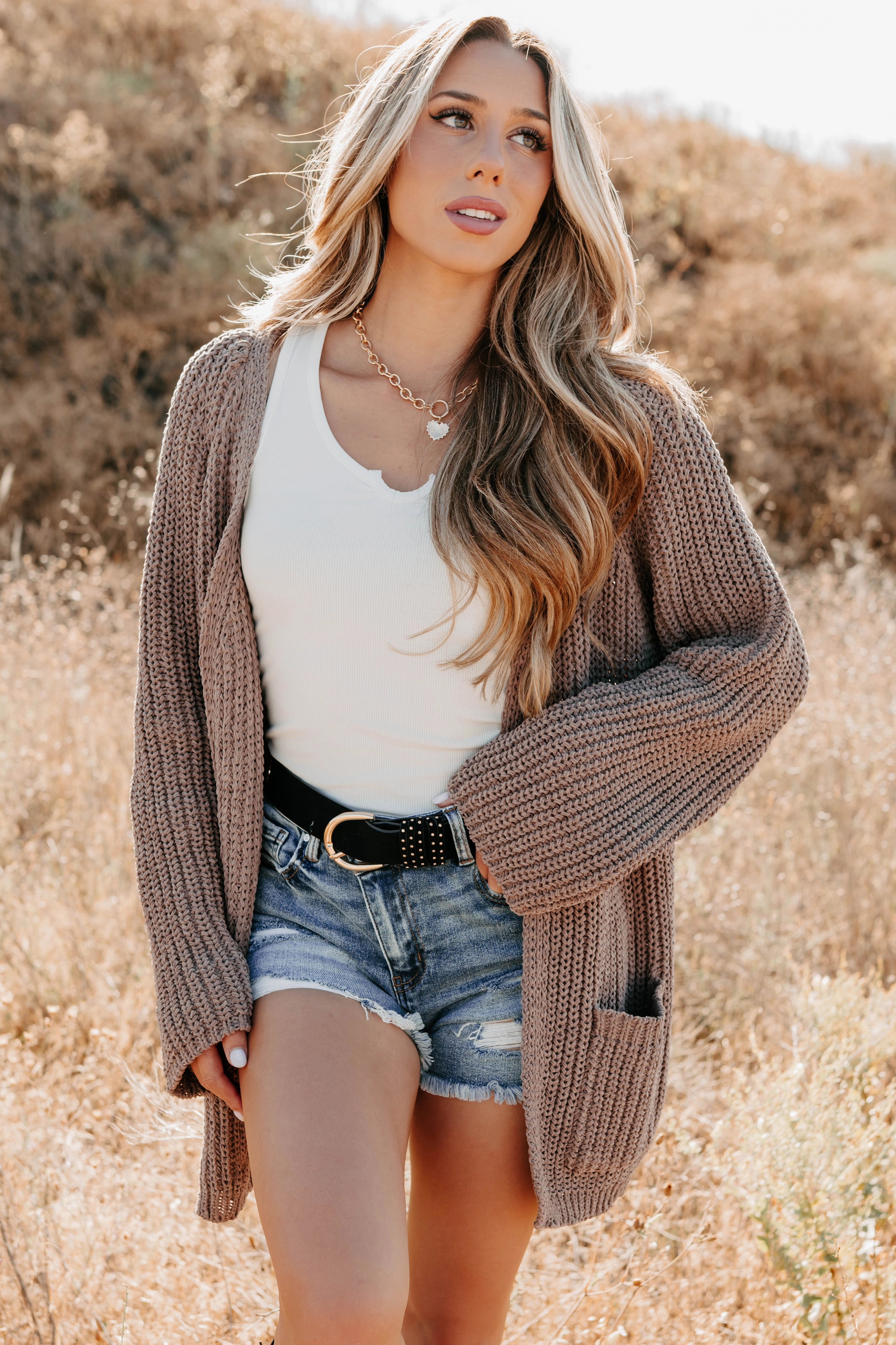 Feeling Right POL Chenille Knit Cardigan (Mocha) High Collar Design Utility Inspired Look