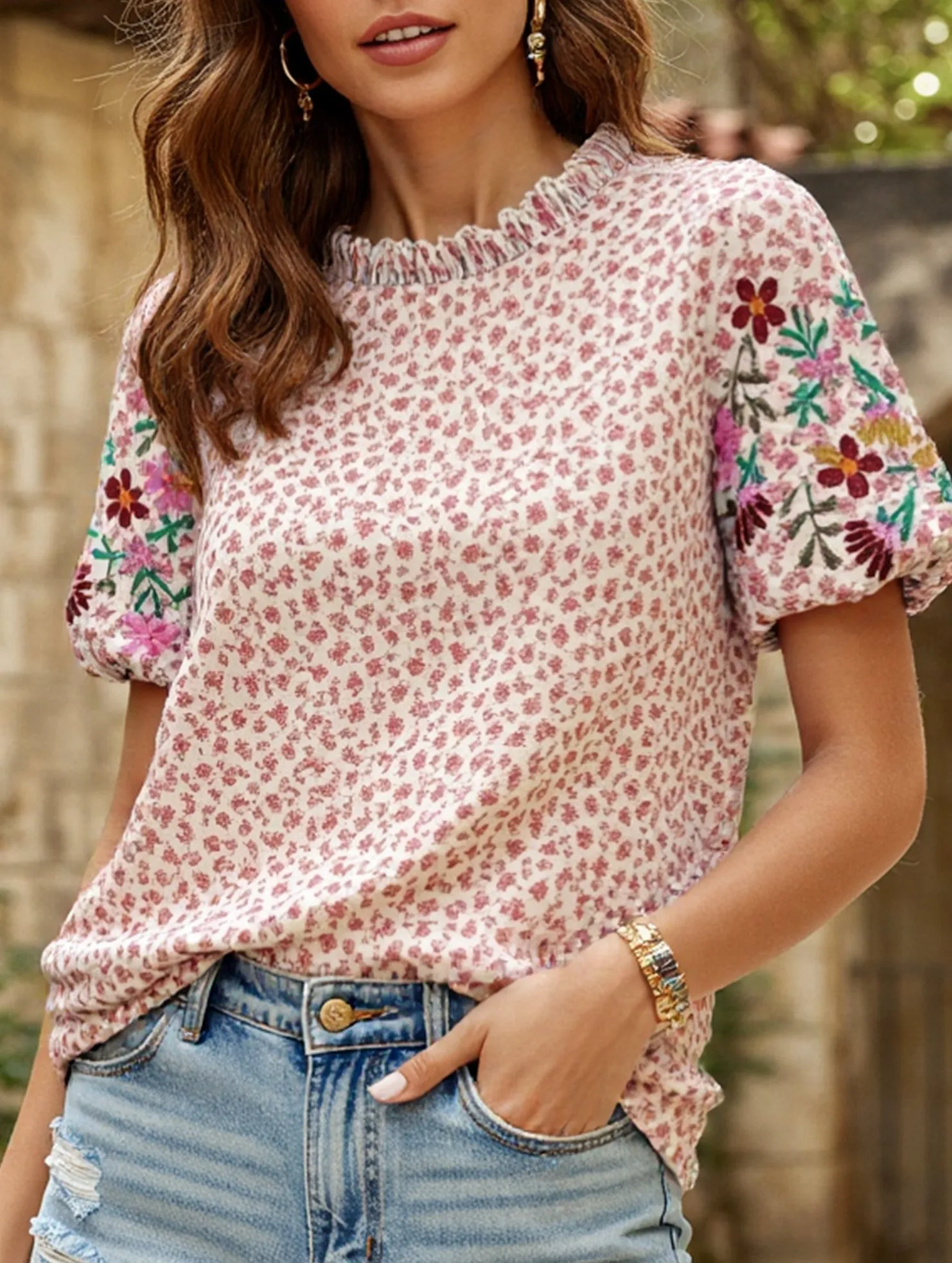 Embroidered Printed Turtleneck Blouse ??Boho Chic High Neck Long Sleeve Top Heathered Fabric Garment Dyed Finish