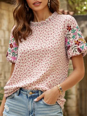 Embroidered Printed Turtleneck Blouse ??Boho Chic High Neck Long Sleeve Top Heathered Fabric Garment Dyed Finish