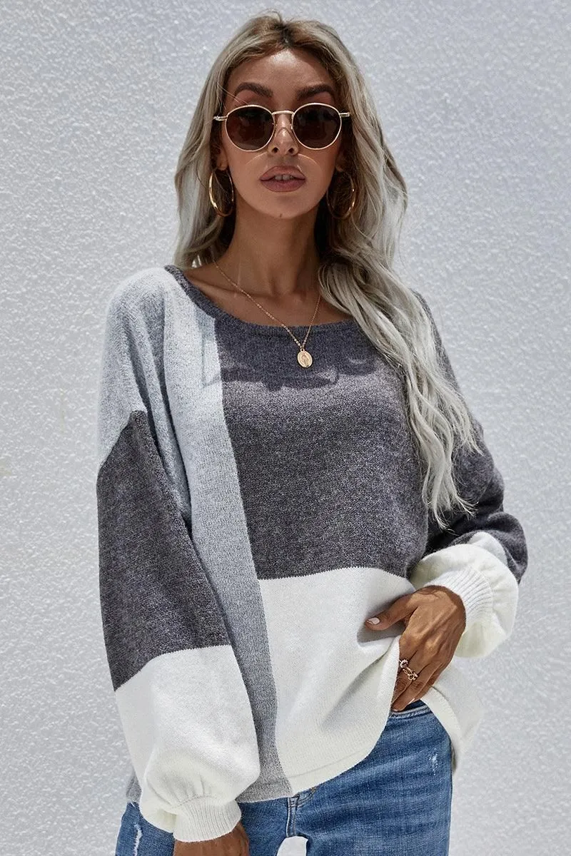 MinimalBranding COLOR BLOCK ROUND NECK SWEATER TOP FOR WOMEN
