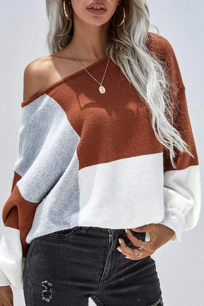 COLOR BLOCK ROUND NECK SWEATER TOP FOR WOMEN Trendy Piece