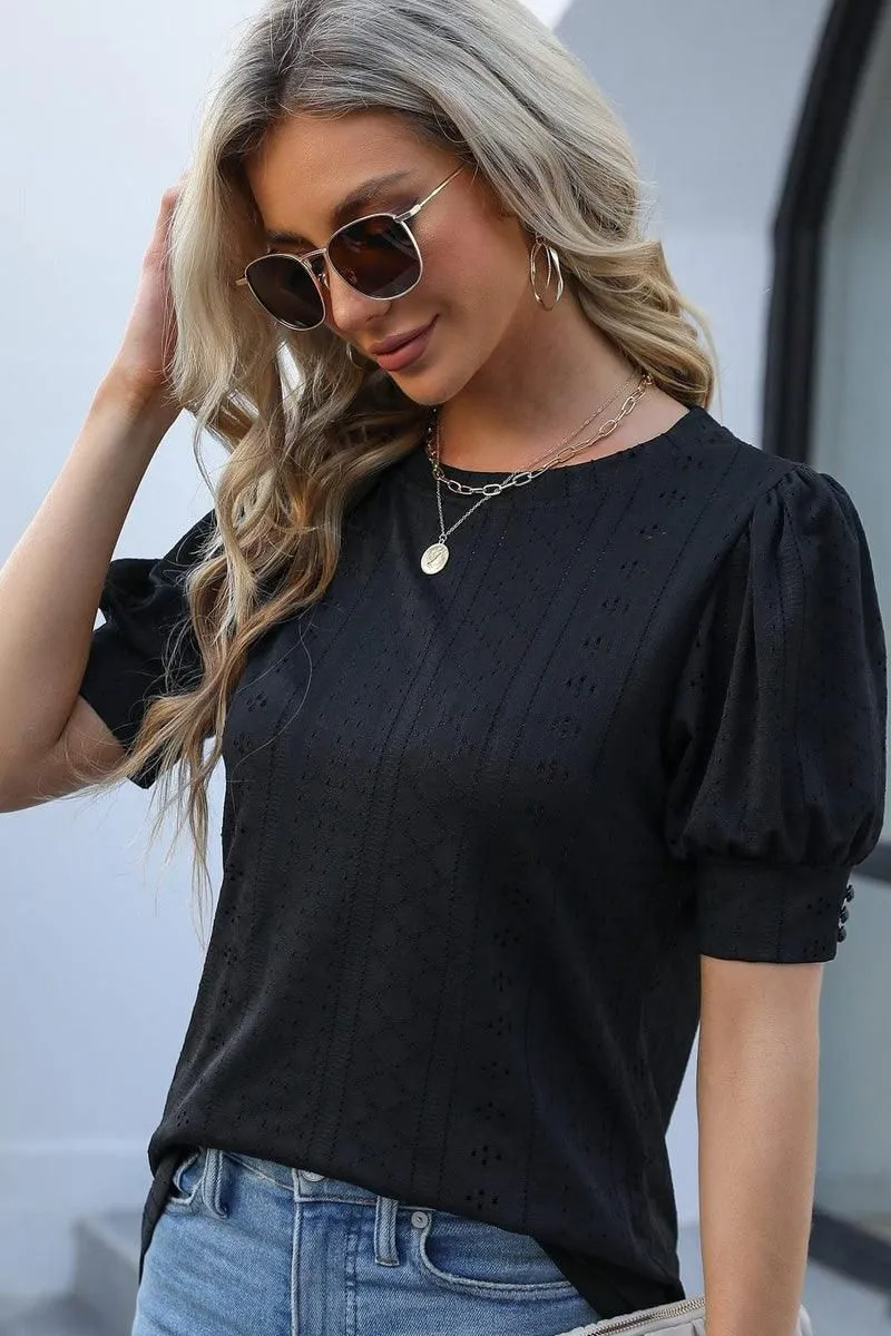 HOLLOW HOLE RIBBED SLEEVE CASUAL TOP FlexibleKnit Modern Polo