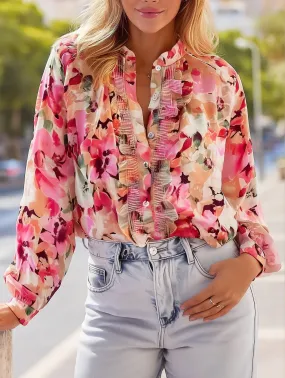 Idyllic Vibrant Floral Ruffle Blouse ??Romantic Boho Style Hypoallergenic Fiber