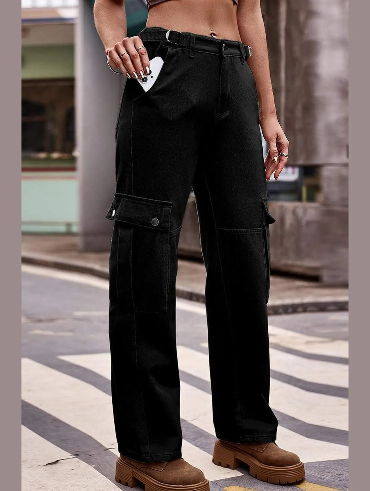 ADJUSTABLE WAIST LONG CARGO PANTS Comfortable Movement