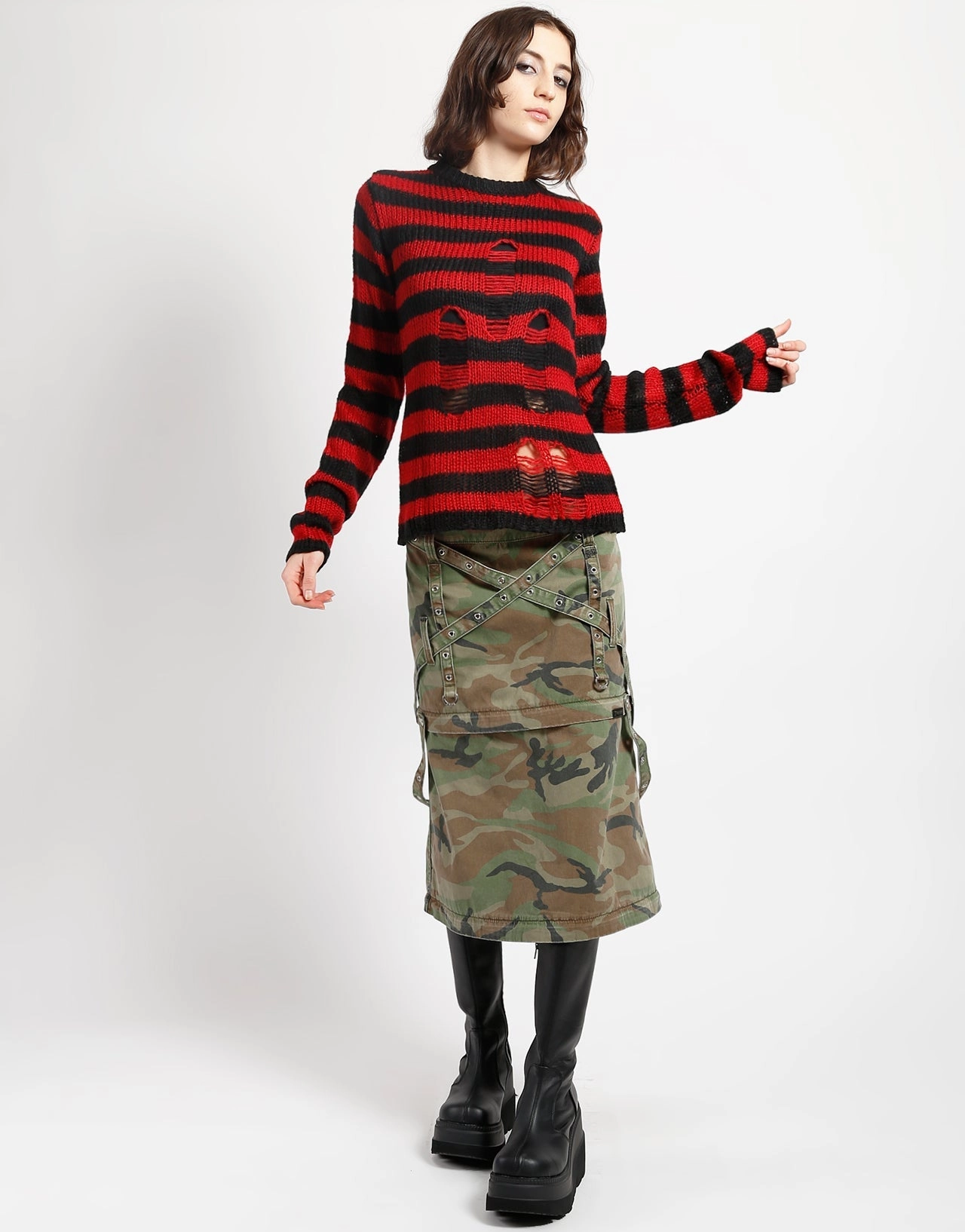 Double Stitched Hem RAG STRIPE SWEATER RED