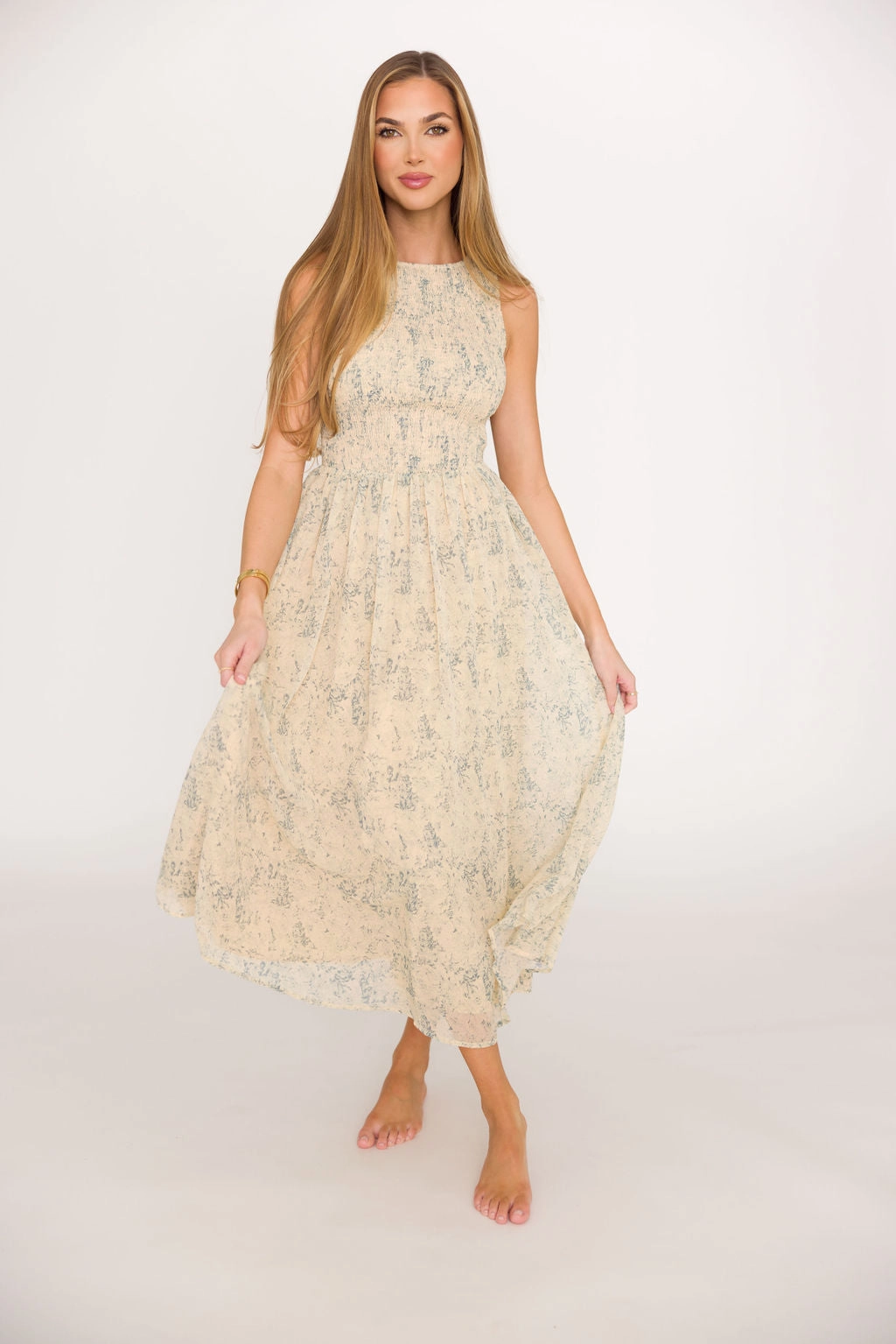 Silky Silhouette Alaina Floral Print Smocked Midi Dress in Blue Multi * Final-Sale *