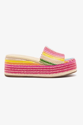 Alex Flatform Mule In Rainbow Raffia Snug Fit Adjustability Open Finish