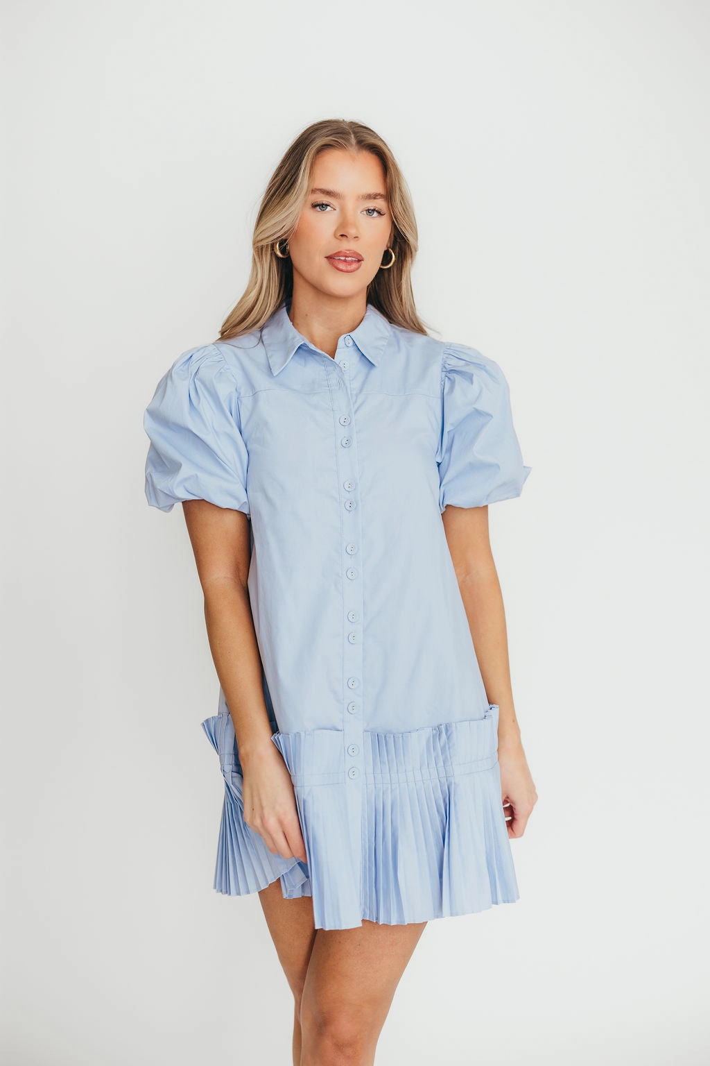 Alicia Pleated Hem Mini Dress in Powder Blue *Final-Sale* Light Comfort Dressy Yet Comfortable