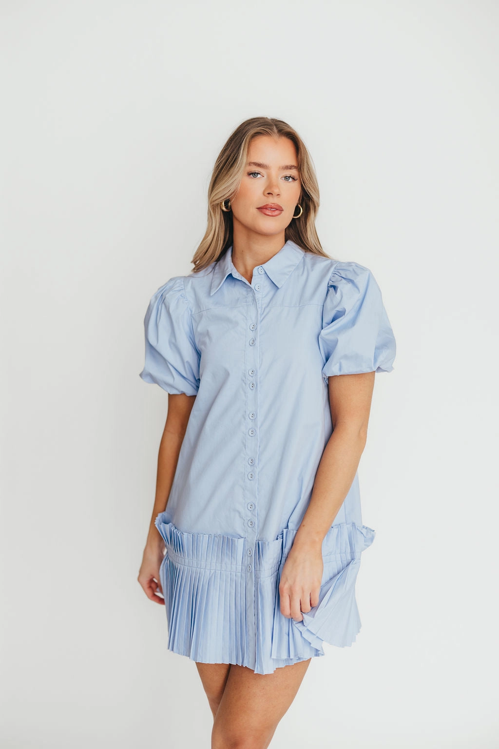Alicia Pleated Hem Mini Dress in Powder Blue *Final-Sale* Effortless Layering Quick Match