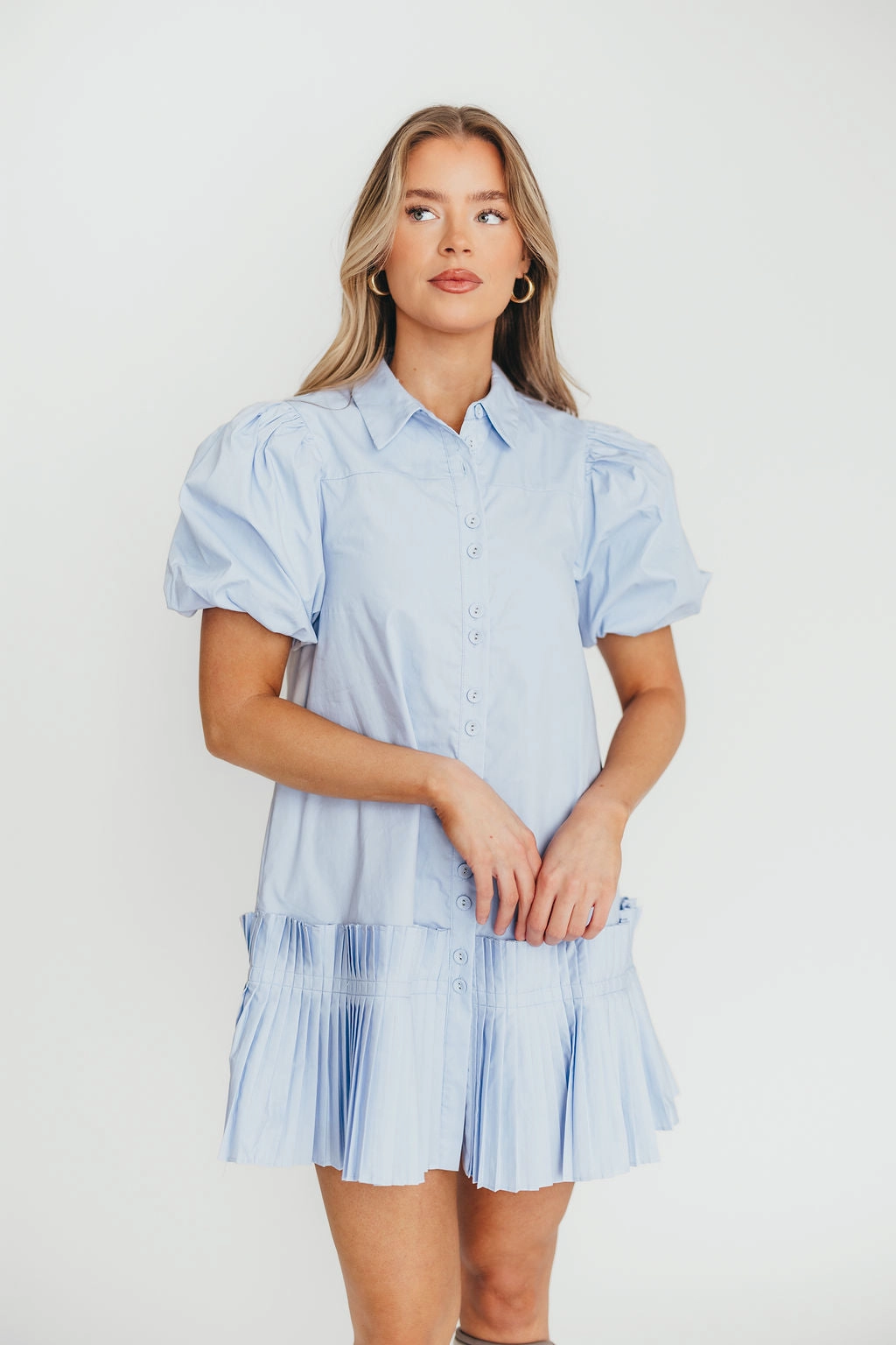V-Neck Alicia Pleated Hem Mini Dress in Powder Blue *Final-Sale*