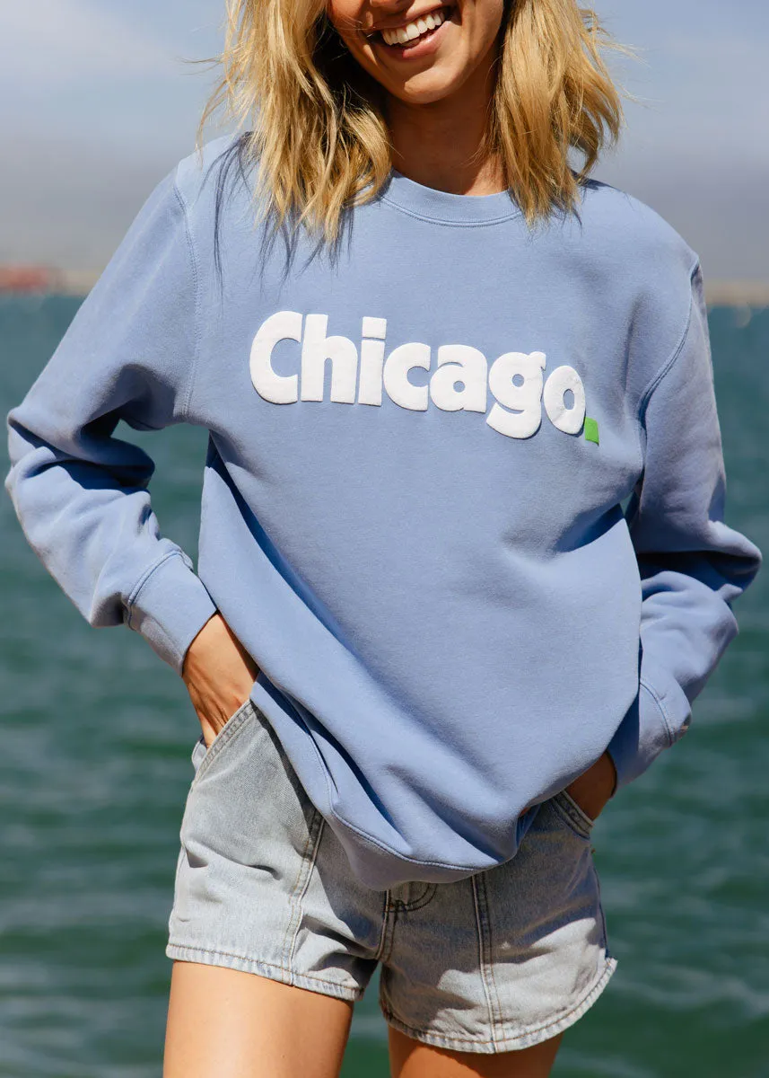 Warm and Soft Functional Style Chicago. Crewneck Sweatshirt - Blue & White