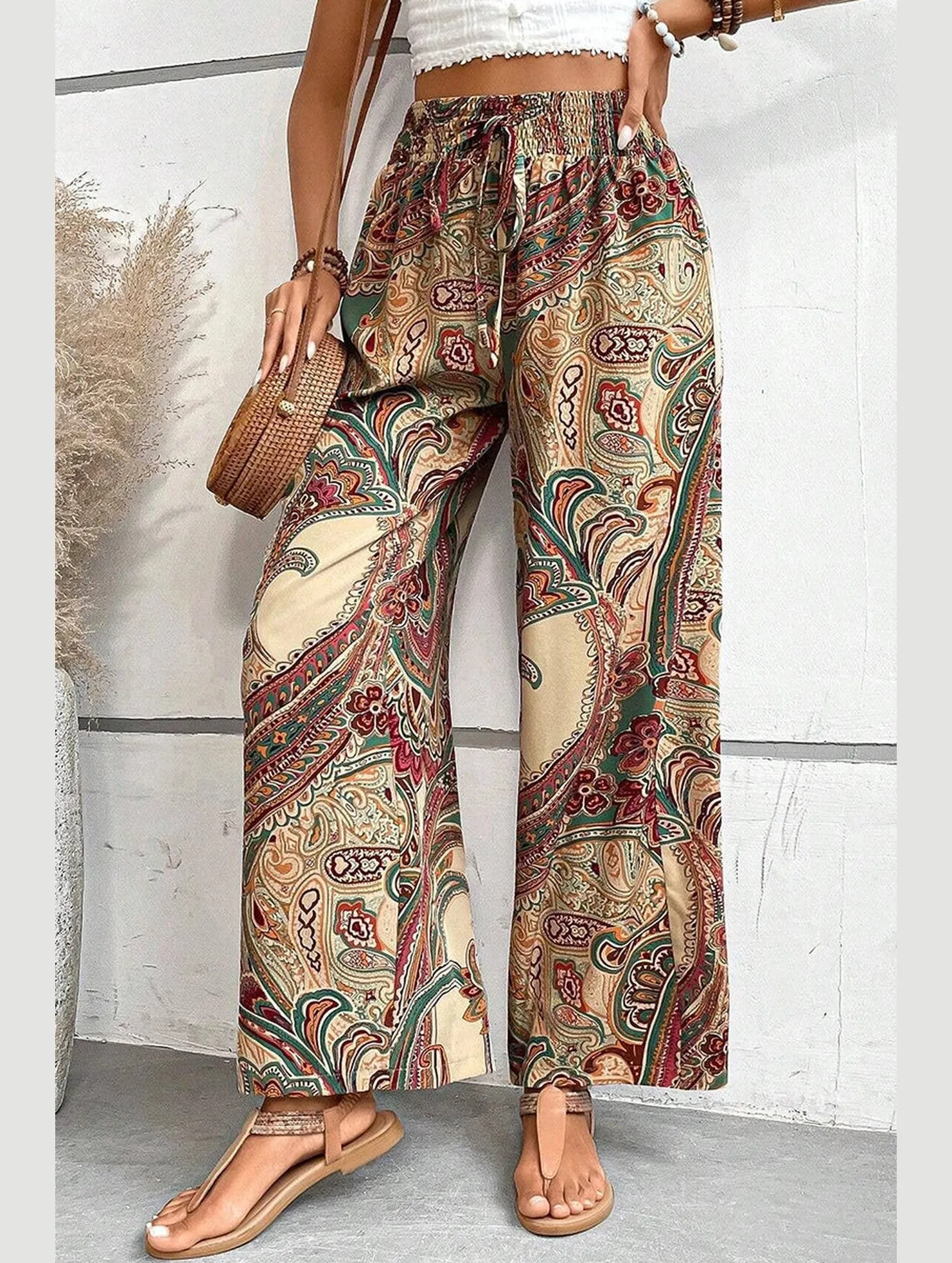 All-in-one printed elastic-waisted wide-leg pants_CWBLP0726 StretchMaterial