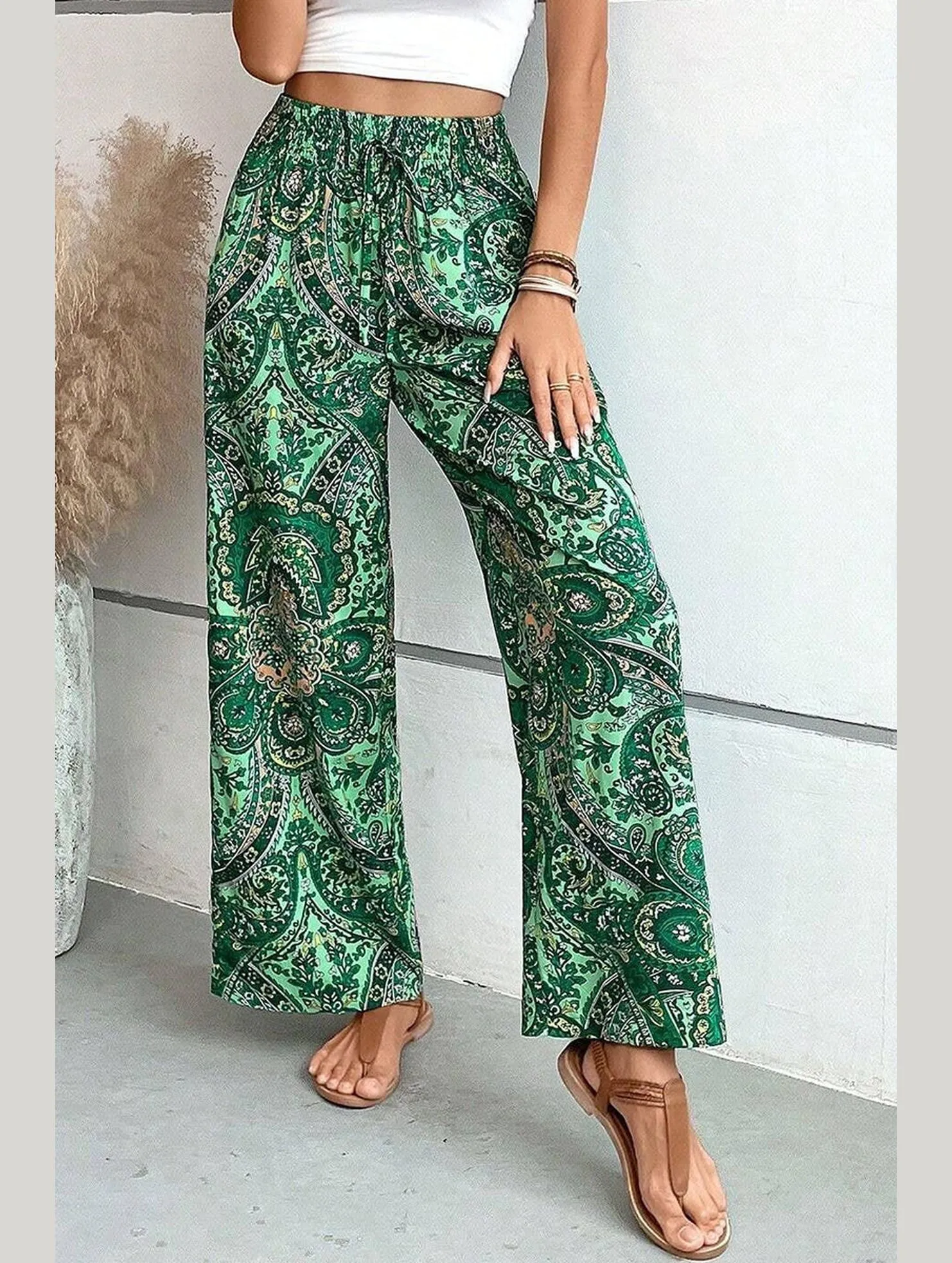 Perfect Silhouette Breathable Design All-in-one printed elastic-waisted wide-leg pants_CWBLP0726