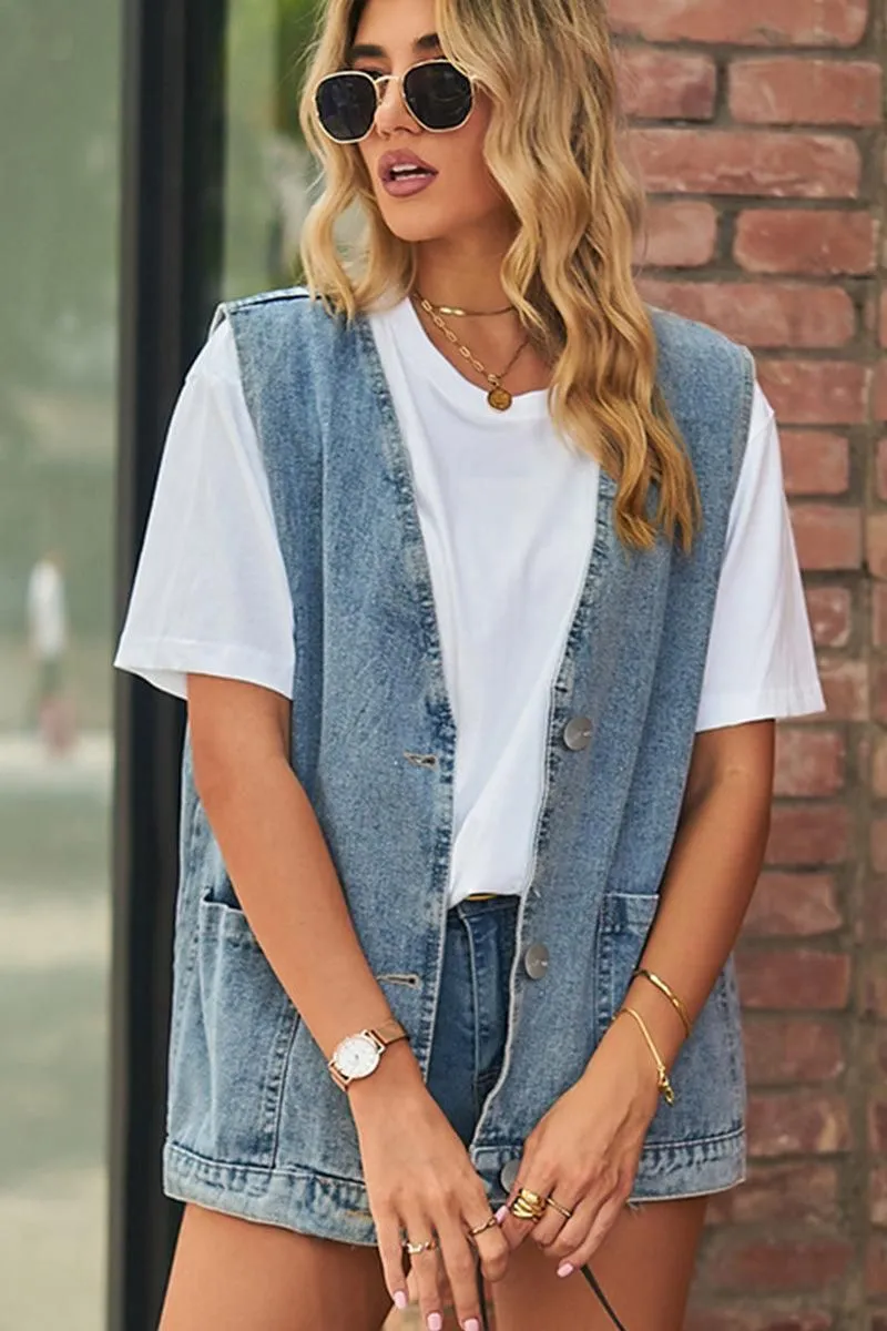 HighNeckline Unstructured Silhouette V NECK FADED DENIM BUTTON UP POCKET VEST