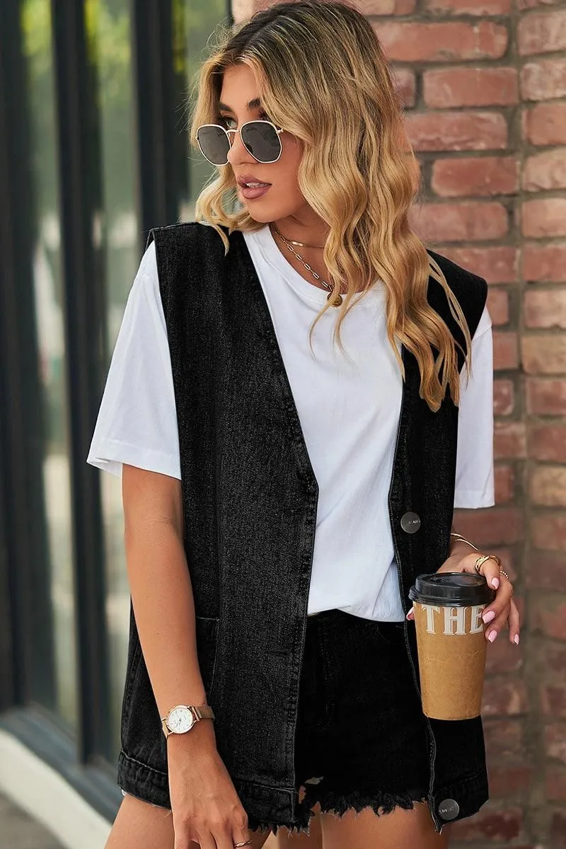 V NECK FADED DENIM BUTTON UP POCKET VEST Essential Fit