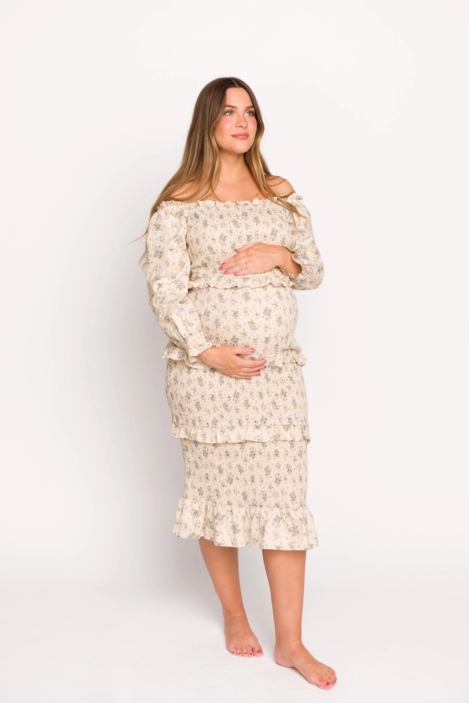 Calm Shine Lila Floral Printed Smocked Midi Dress in Blue - Bump Friendly *Final-Sale*