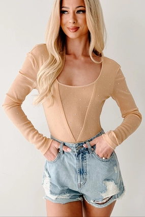 Sparkle Over Stress Rhinestone Mesh Bodysuit (Nude) Minimalist Style Dance Practice Casual Chic