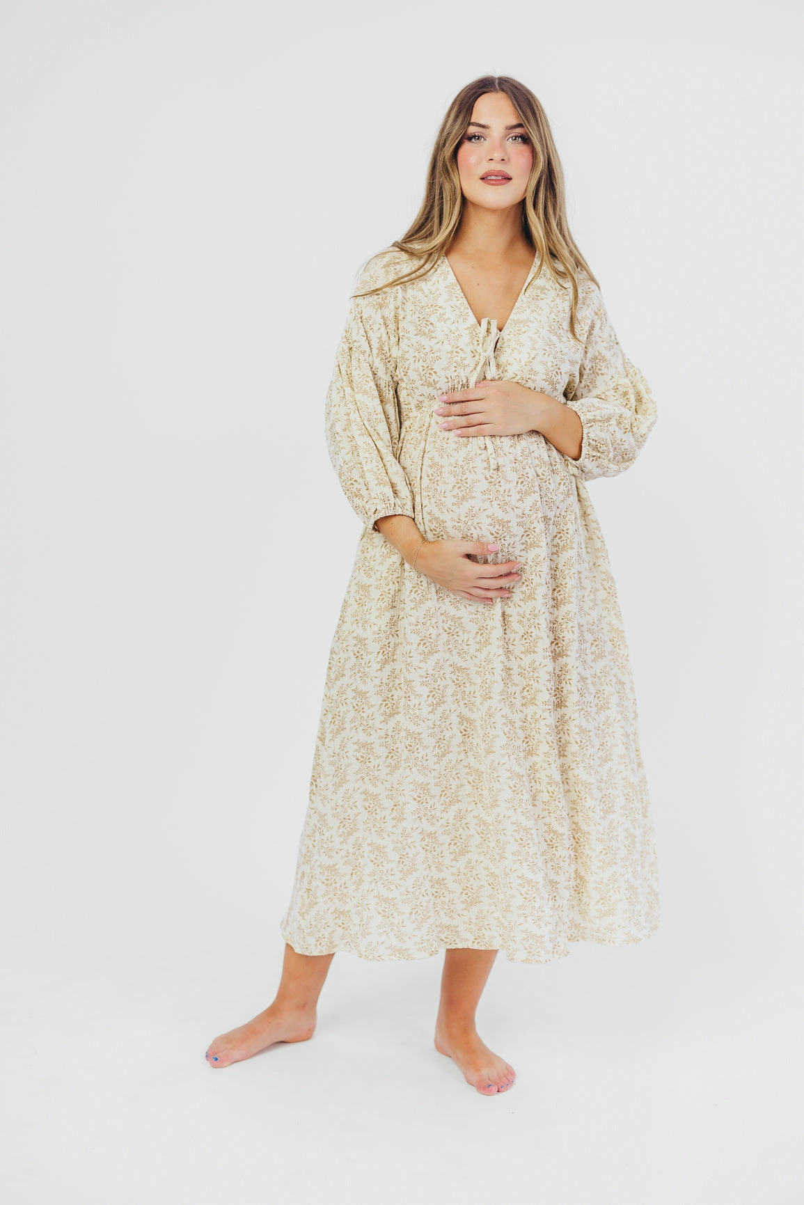 Hunter 100% Cotton Gauze Midi Dress in Natural/Tan Floral - Bump Friendly *9/22 PRE-ORDER* Wool-Blend Easy Layering