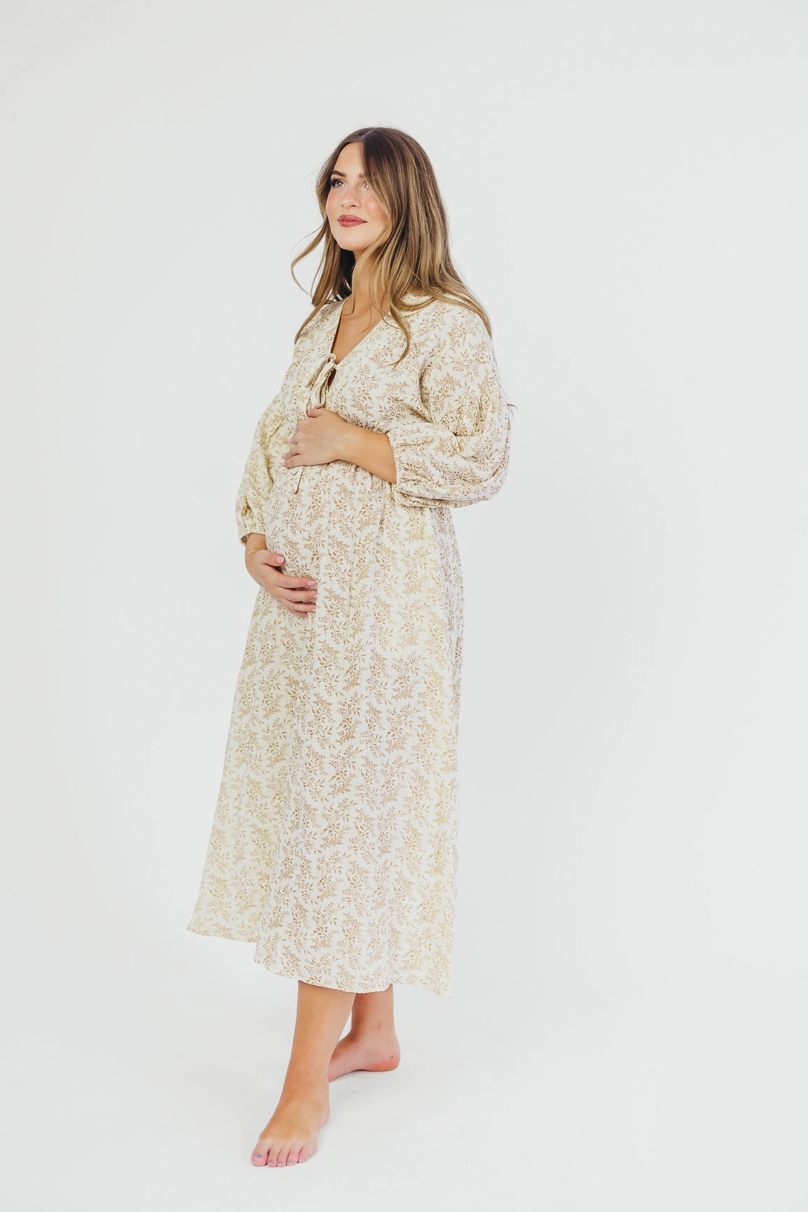 Classic Tailoring Hunter 100% Cotton Gauze Midi Dress in Natural/Tan Floral - Bump Friendly *9/22 PRE-ORDER*