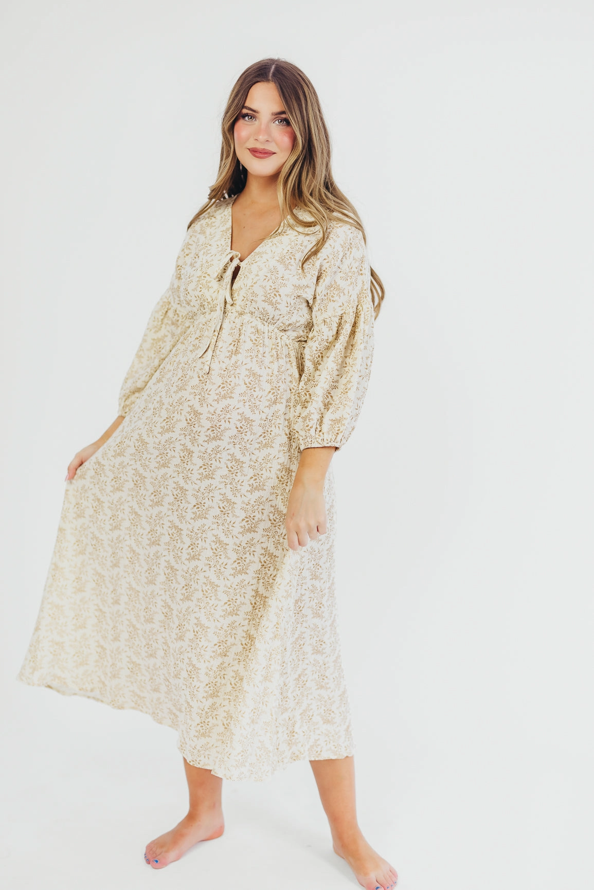 Layering-Piece Hunter 100% Cotton Gauze Midi Dress in Natural/Tan Floral - Bump Friendly *9/22 PRE-ORDER*