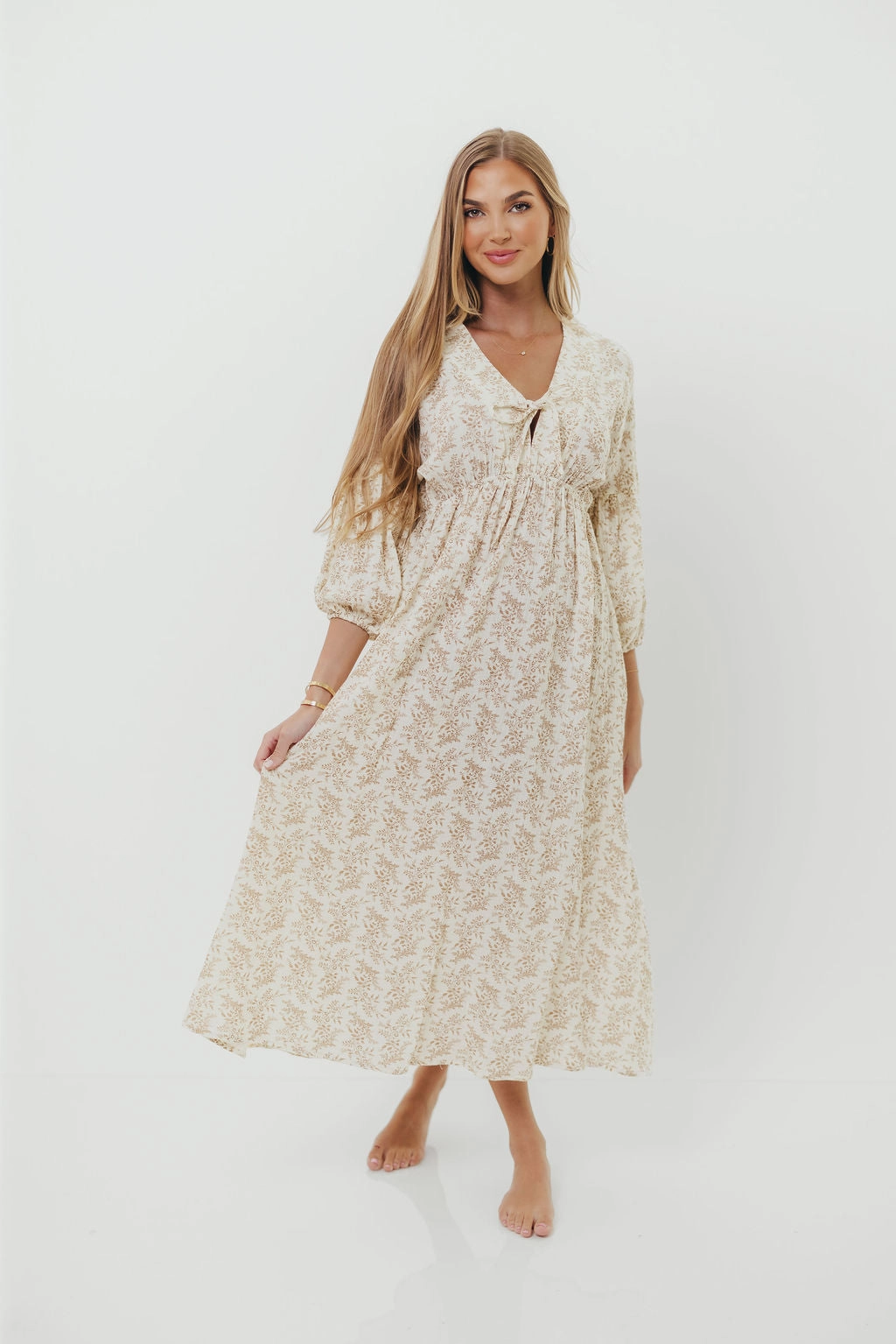 Hunter 100% Cotton Gauze Midi Dress in Natural/Tan Floral - Bump Friendly *9/22 PRE-ORDER* Season Ready