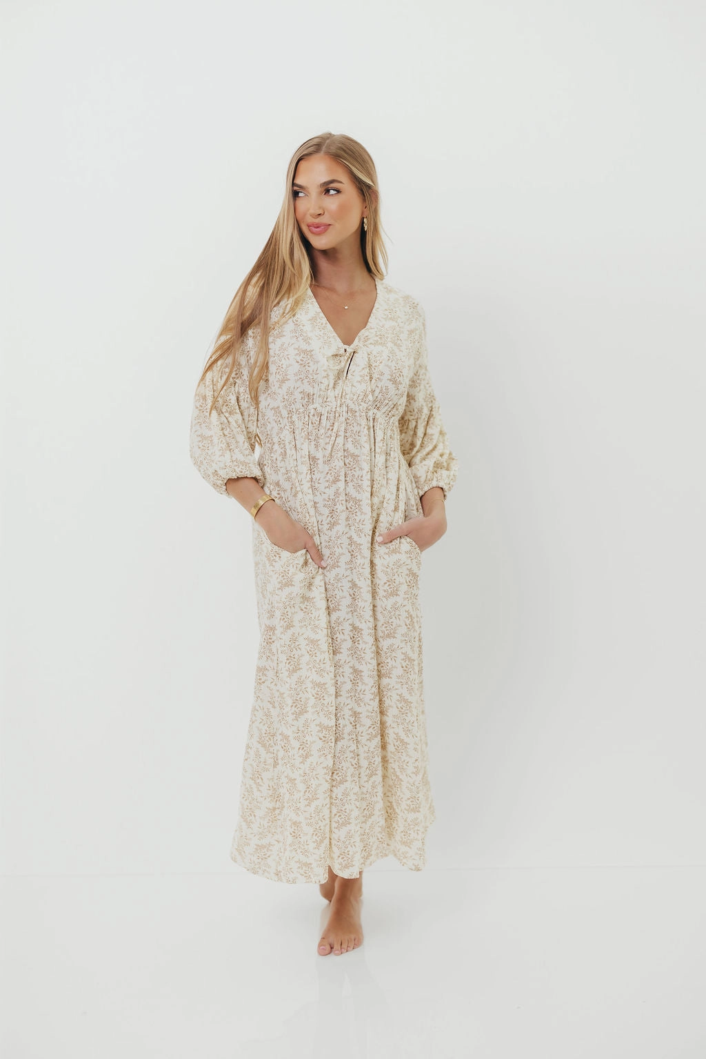 Hunter 100% Cotton Gauze Midi Dress in Natural/Tan Floral - Bump Friendly *9/22 PRE-ORDER* Everyday-Comfort