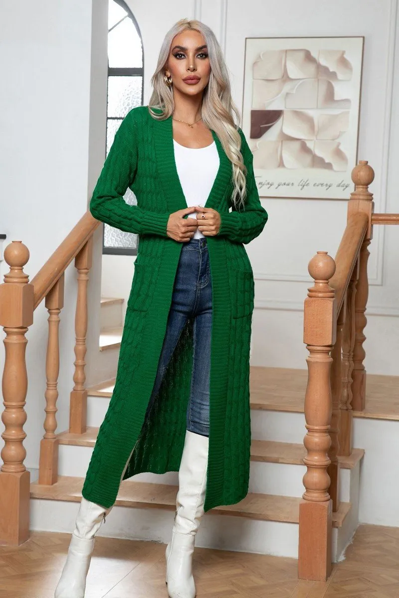 High Neckline Structure Flexible Waistband WOMEN CHUNKY CABLE KNITTED LONG LENGTH CARDIGAN