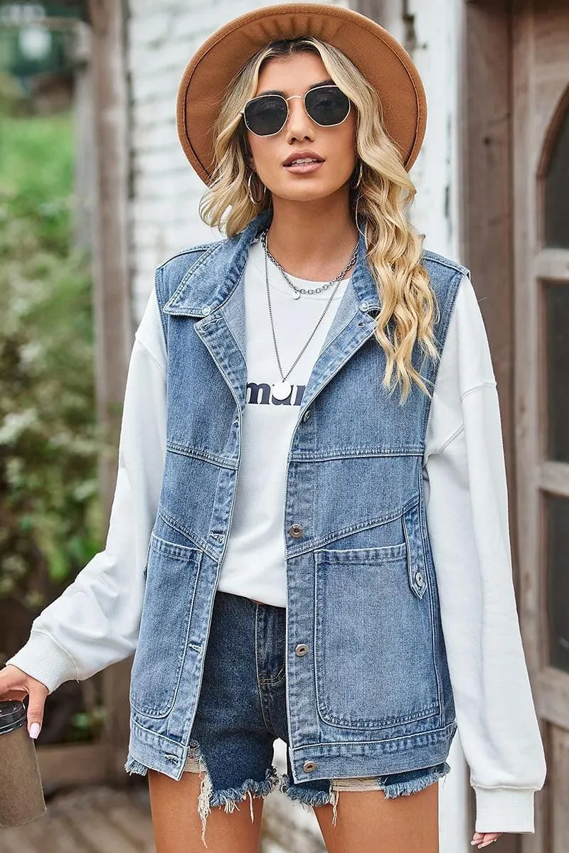 StretchFit Design VINTAGE BUCKELE POCKET COLLAR DENIM VEST