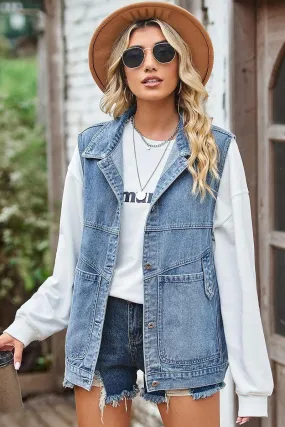 VINTAGE BUCKELE POCKET COLLAR DENIM VEST ReinforcedEdges Basic Sweatshirt