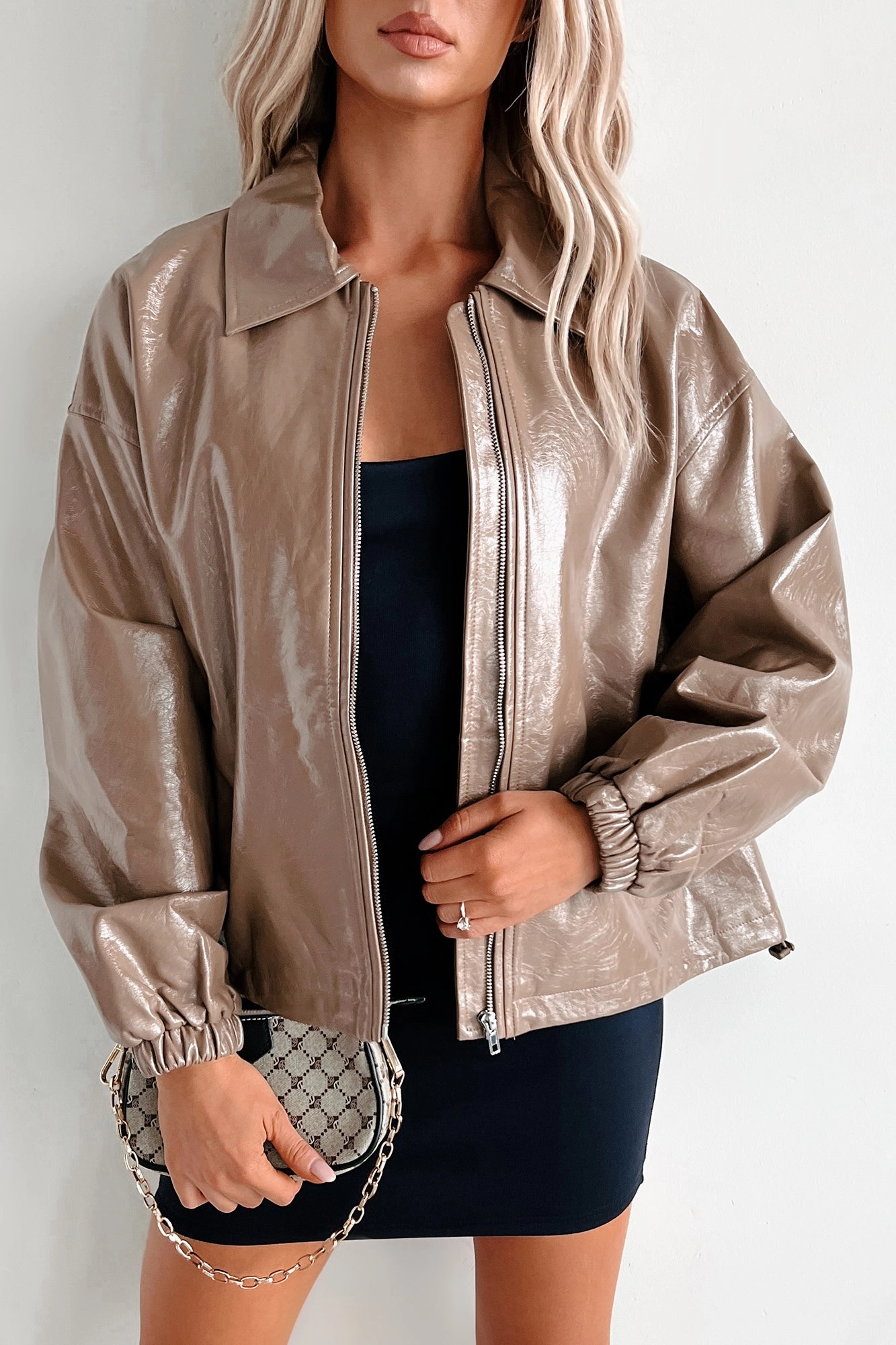 Always Opinionated Patent Leather Jacket (Brown) Cold Outfit Sleek Layer Fit
