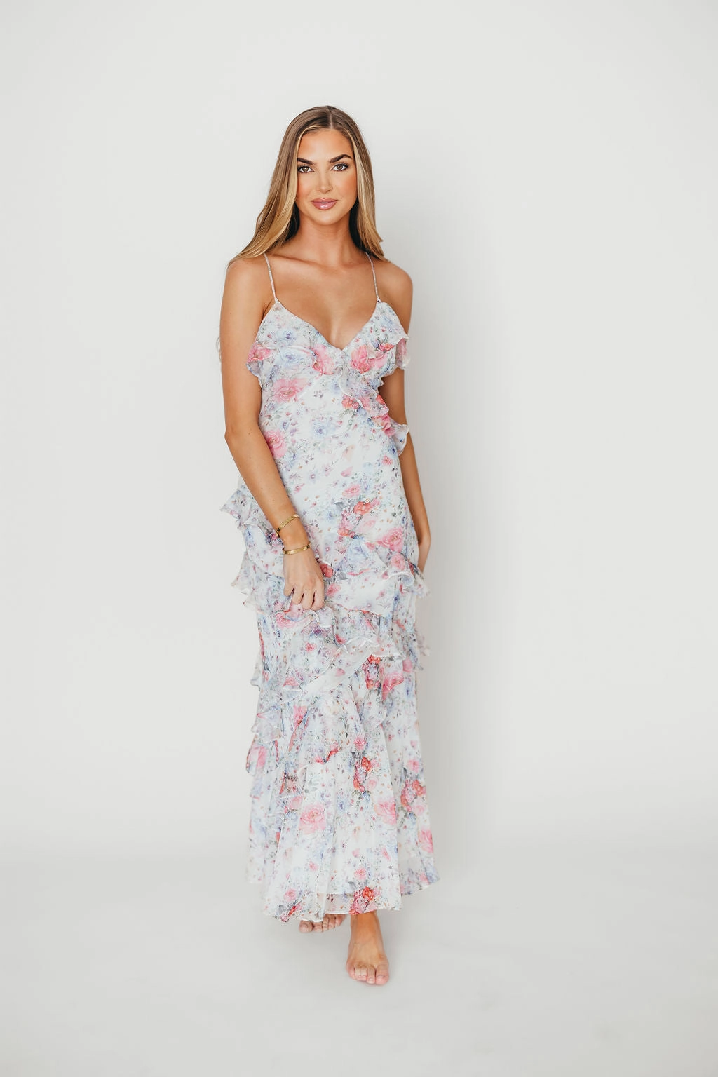 Amelia Ruffle Maxi Dress in White/Multi Floral Asymmetrical hem Light Sheen