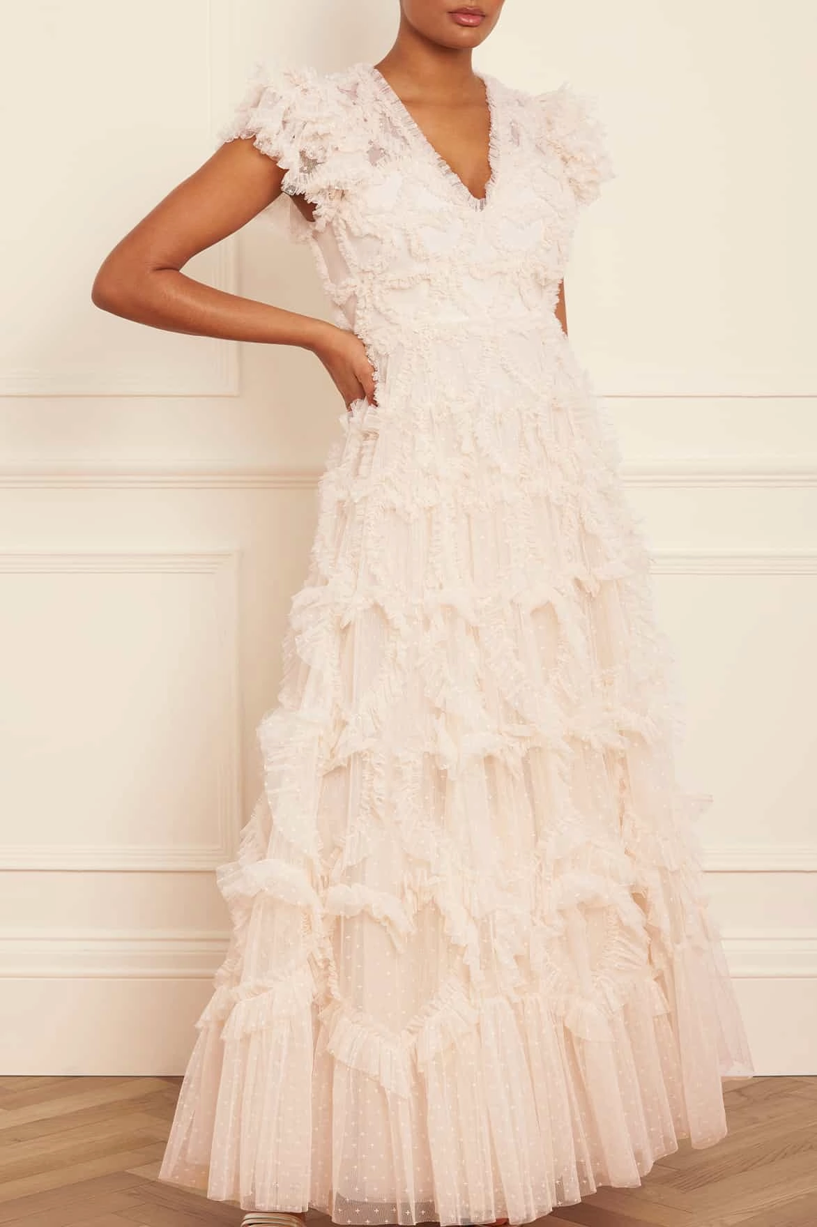 Basic Warm Flattering Look Fit Amorette V-Neck Gown