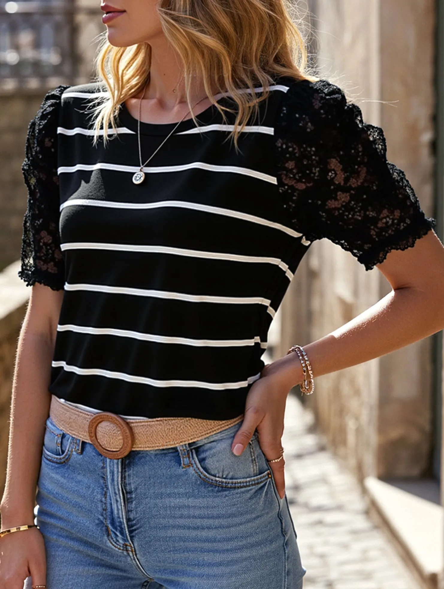 Essential Fashion Lace Short Sleeve Striped Slim Fit Top ??S to XL