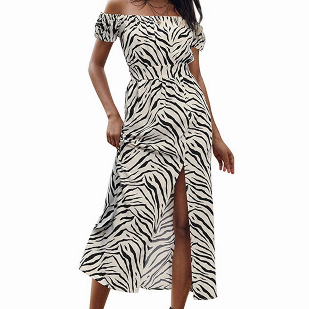 Neutral Aesthetic Minimal Cut Animal print one line collar dress_CWDMD1477