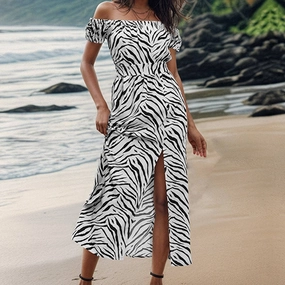 Elegant Flow Fashion Layer Animal print one line collar dress_CWDMD1477