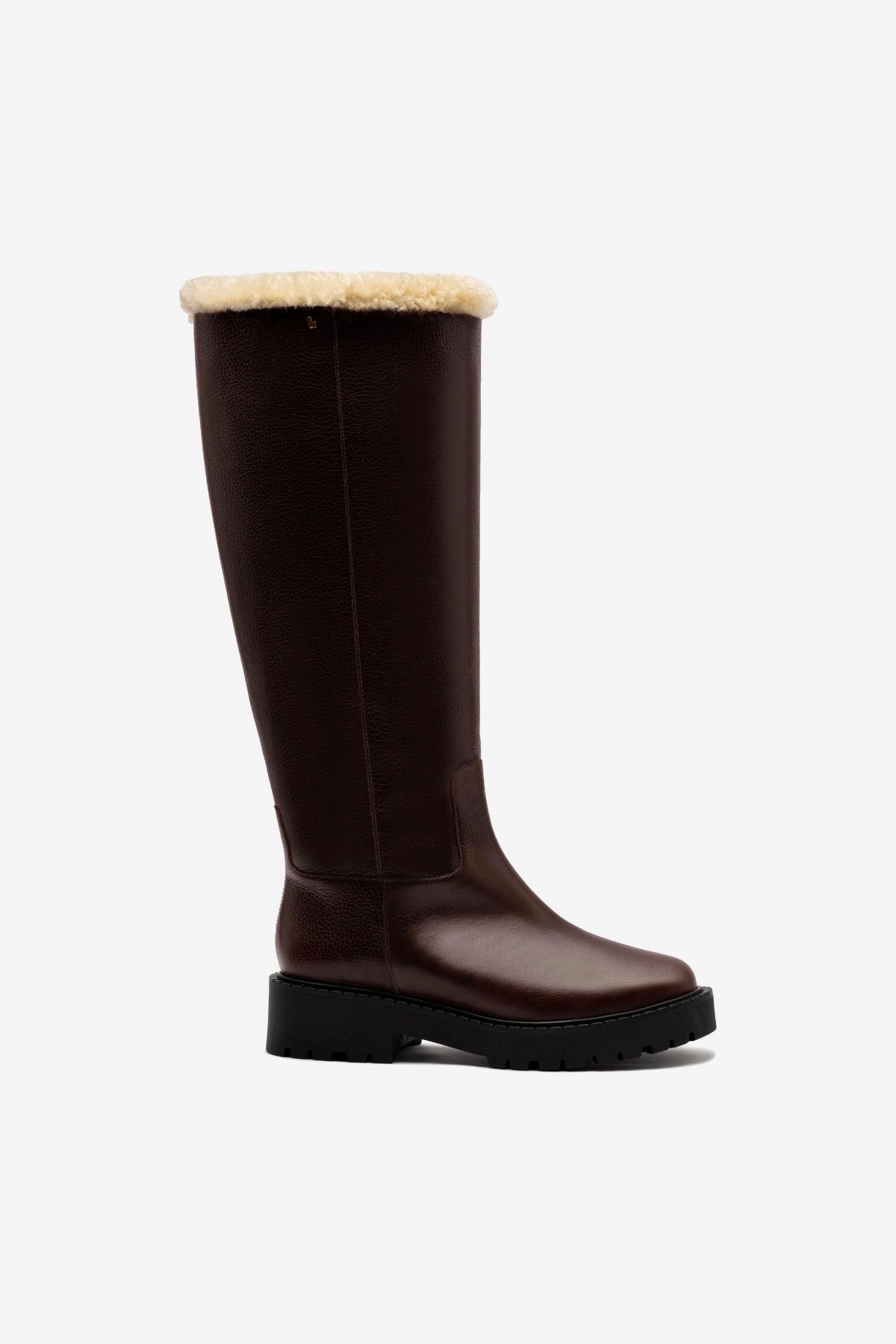 Quick Pull Anne Lugsole Boot In Brown Leather And Natural Shearling
