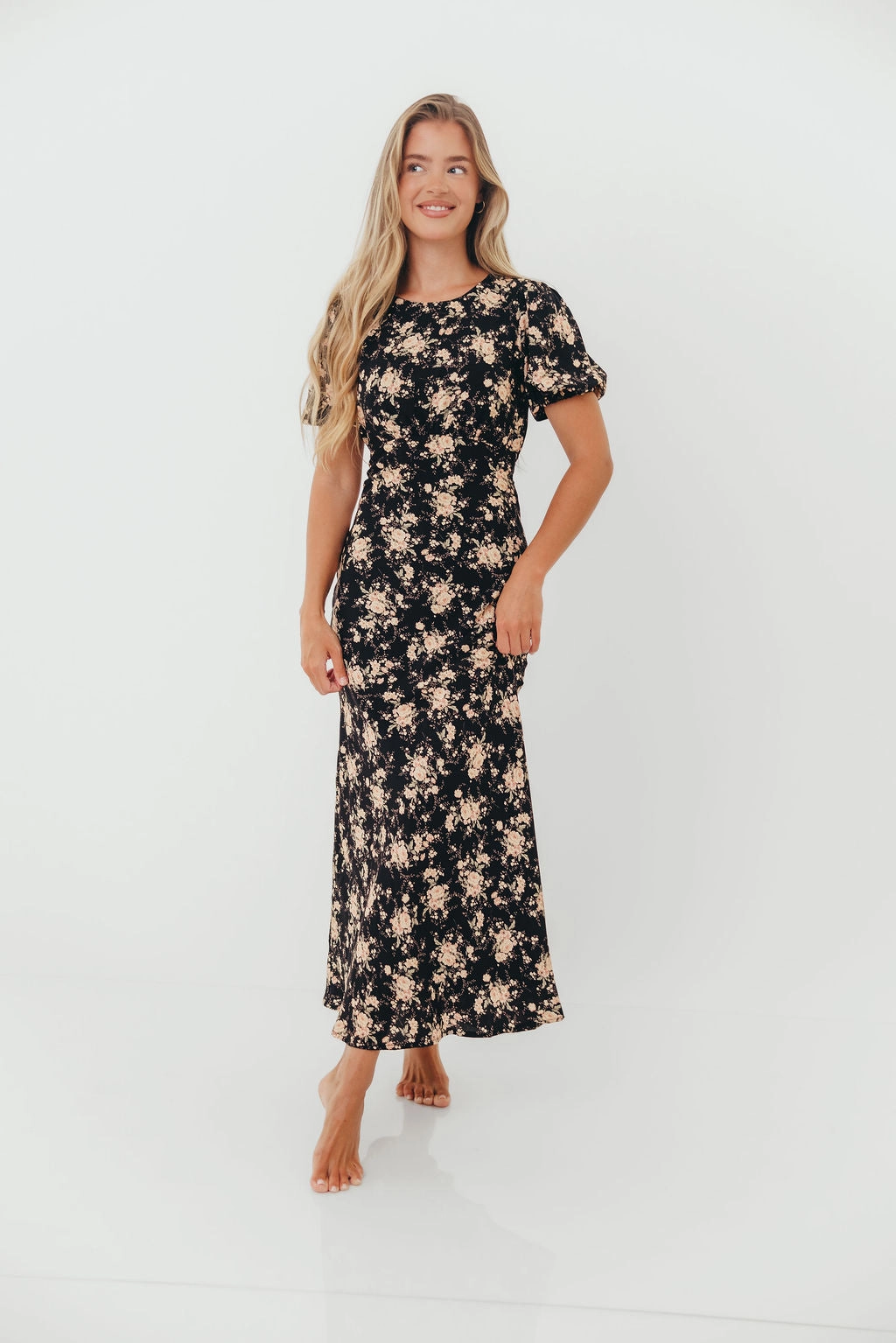 Anti-bacterial Light Base Annie Maxi Dress in Black Floral