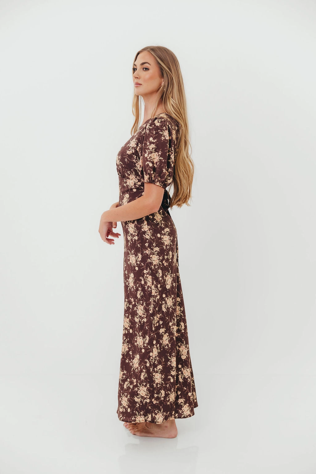 Shine Skin Sleek Volume Annie Maxi Dress in Mocha Floral