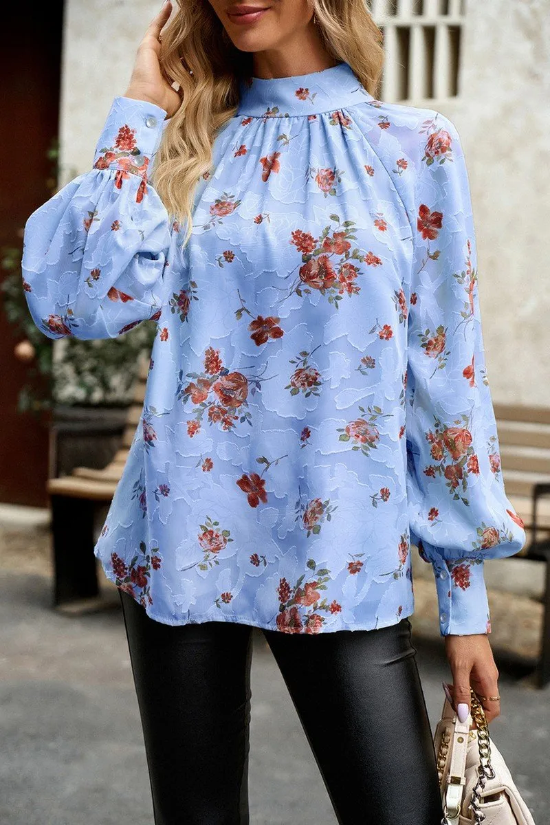 FlexibleCuffs WOMEN LOOSE FIT HIGH NECK FLORAL PRINTING BLOUSE