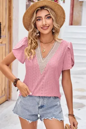 V NECK PUNCHING LACE LOOSE SHORT TULIP SLEEVE TOP YarnDyed Stripes Soft Pullover