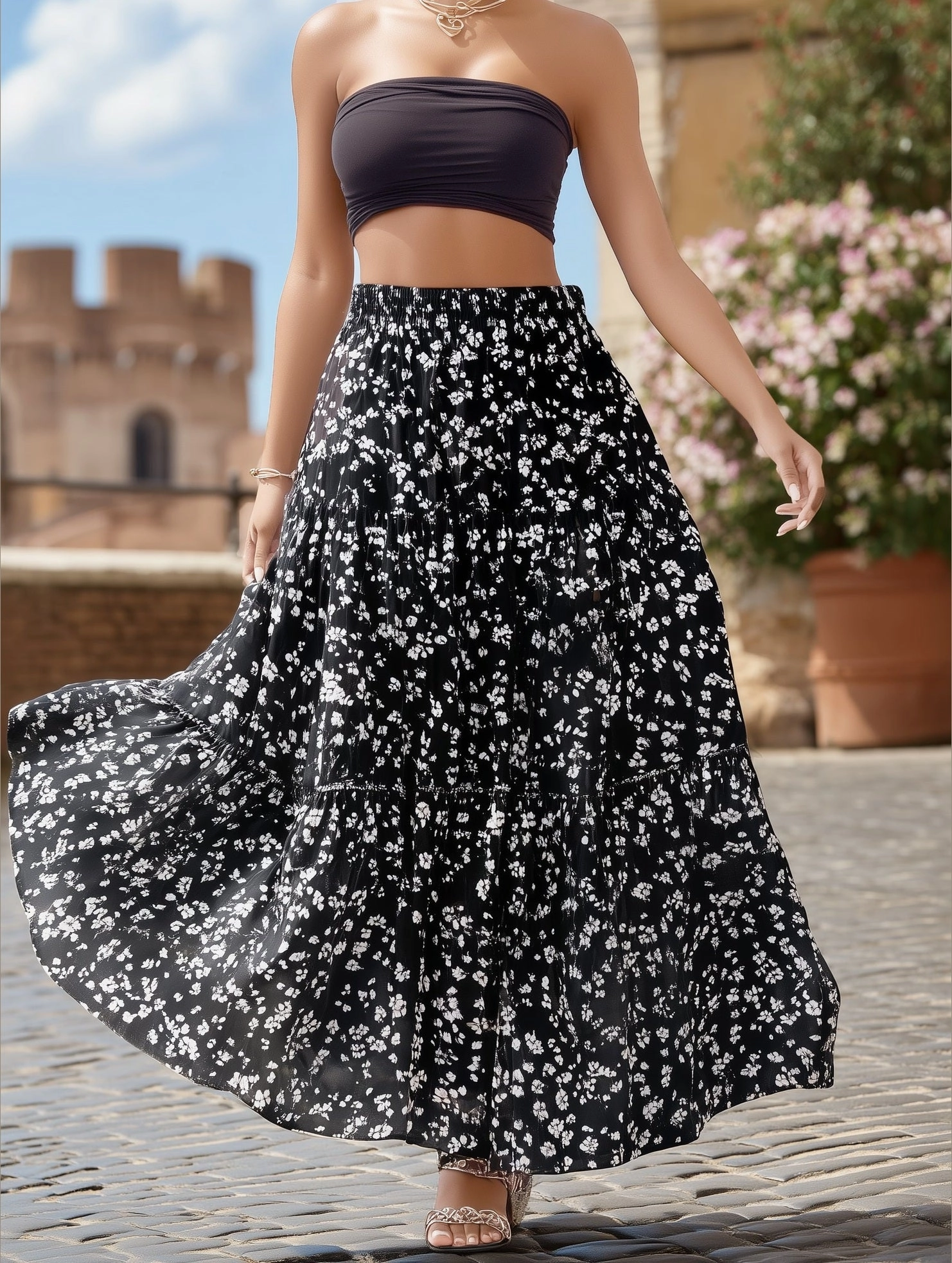 Breath Flex Floral Panel Maxi A-Line Skirt ??Boho Chic Flow