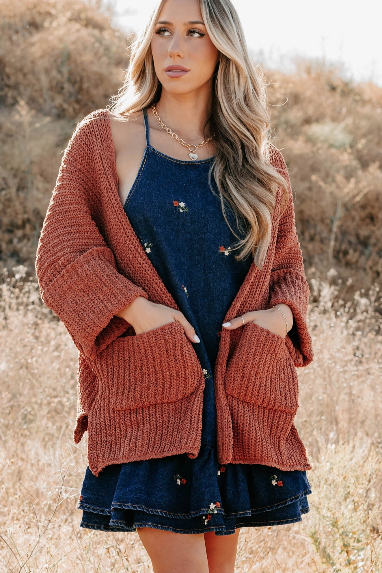 Reflective Trim Hooded Comfort Fit Quiet Times Cuffed Sleeve POL Cardigan (Brick)